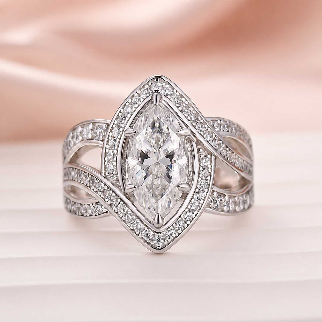Moissanite 2.0Ct Marquise Vintage Halo Ring With Intertwined Split Band In Sterling Silver