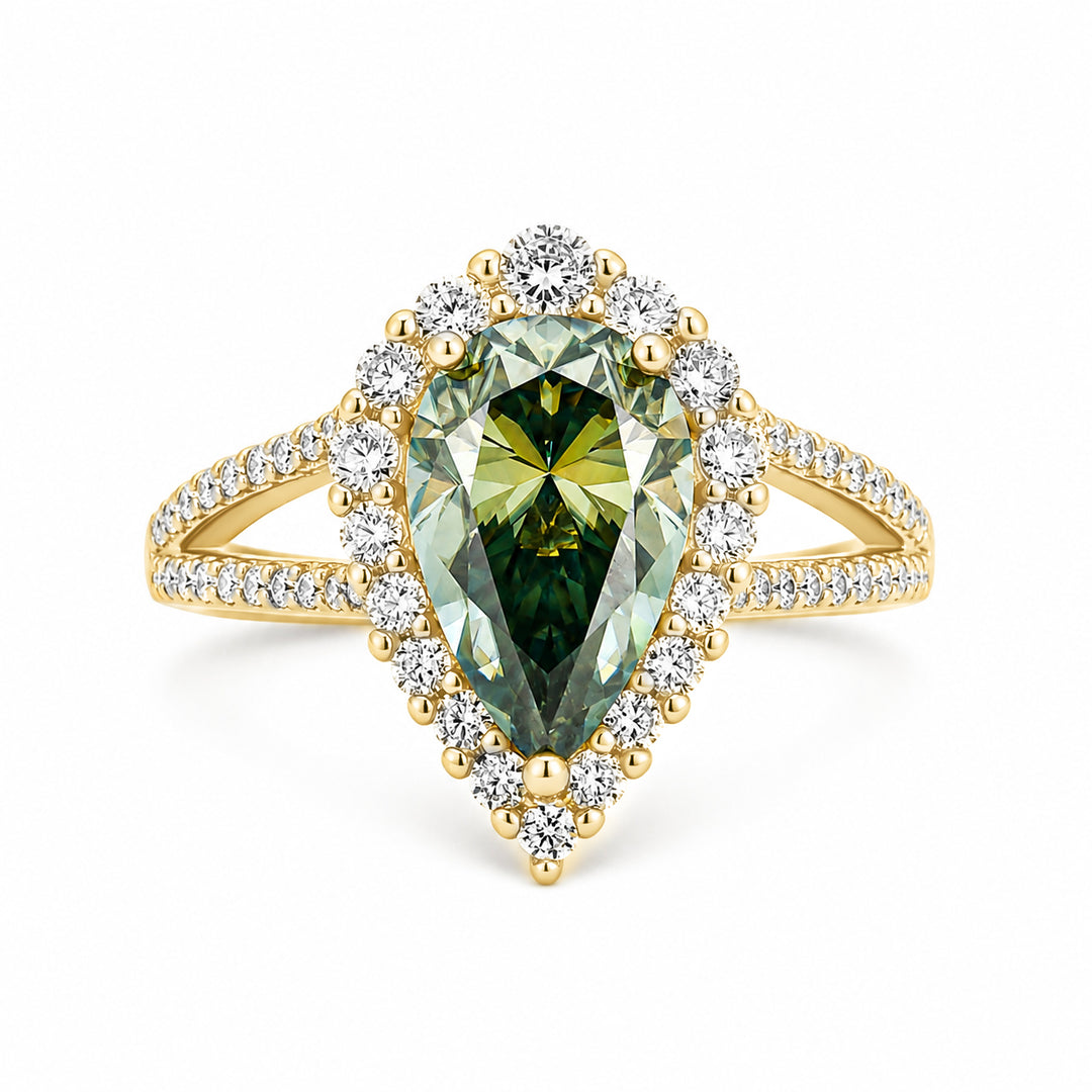 Moissanite 2.5Ct Green Pear Cut Vintage Halo Split Shank Ring For Daily Wear
