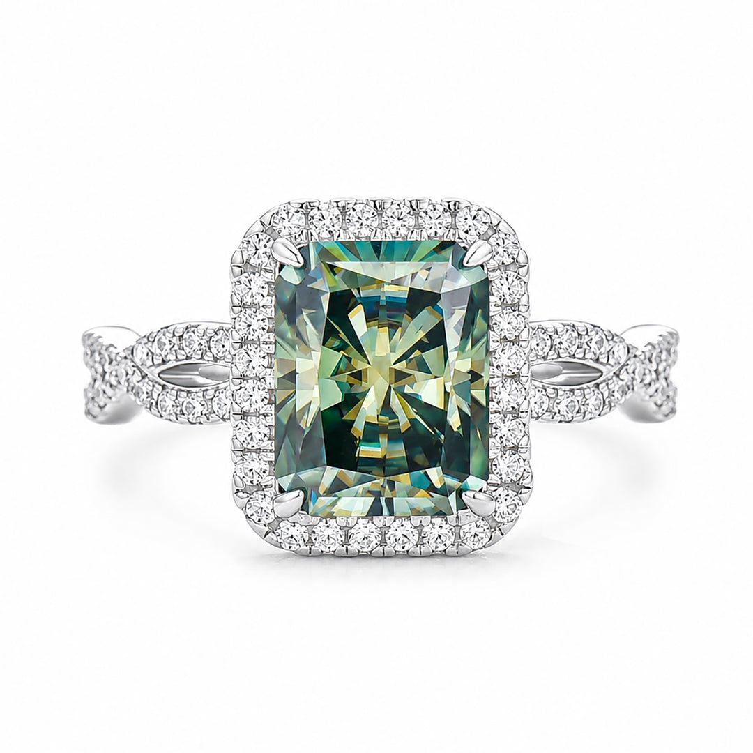 Moissanite 3.0Ct Green Radiant Sparkling Halo & Twist Band Engagement Ring