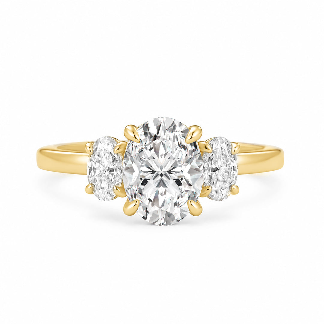 Moissanite 2.0Ct Three Stone Oval Cut 18K Yellow Gold Plated Engagement Ring In Sterling Silver