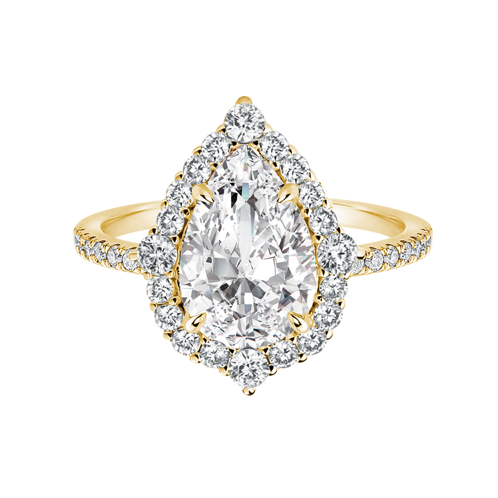 Moissanite 2.5 Ct Halo Pear Cut Yellow Gold Travel Ring