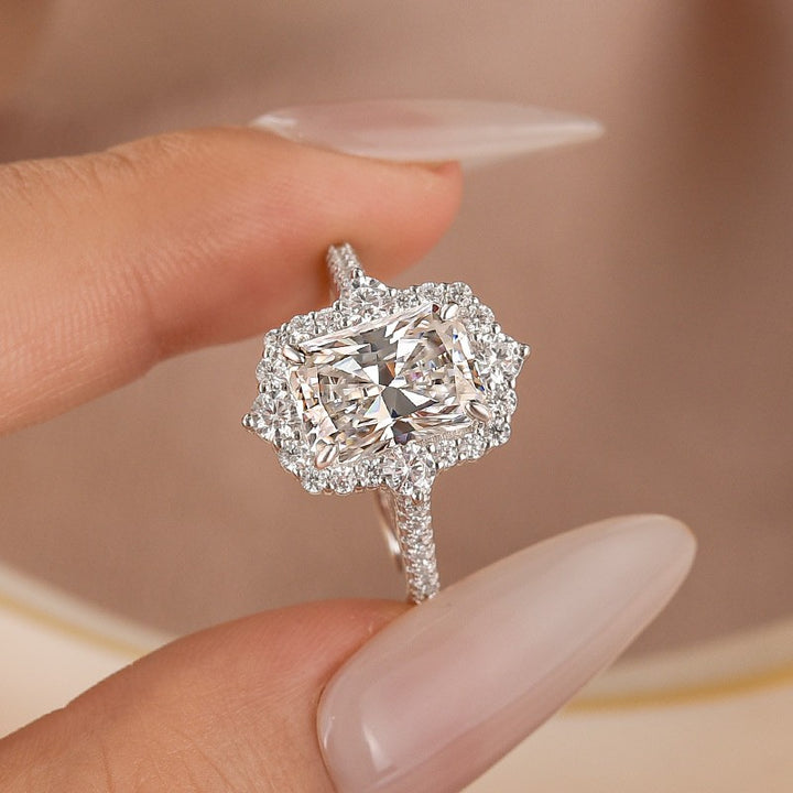 Moissanite 3.0Ct Radiant Cut Halo Vintage White Gold Engagement Anniversary Ring in Sterling Silver