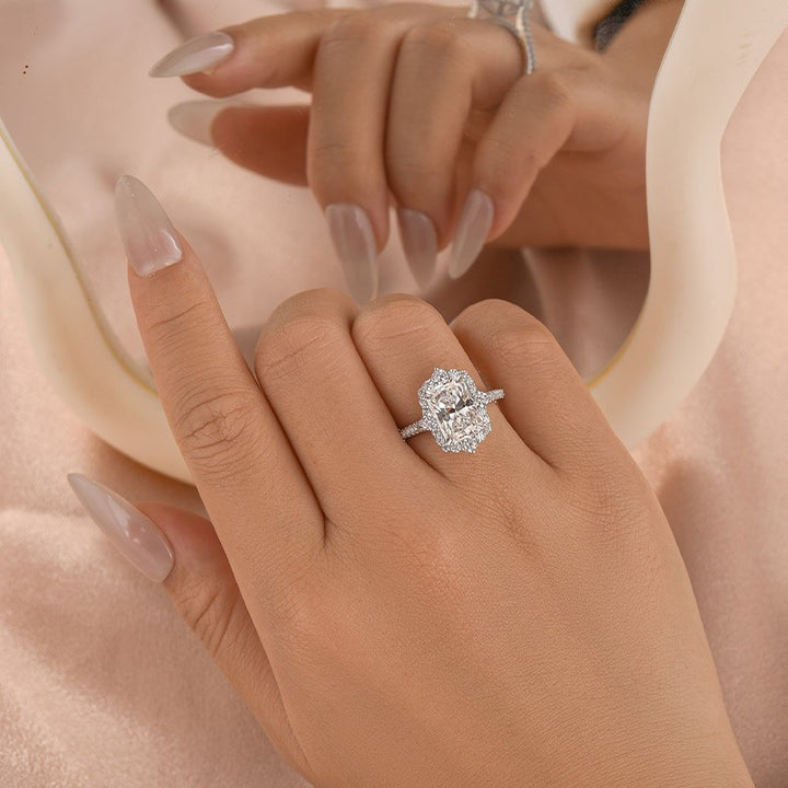 Moissanite 3.0Ct Radiant Cut Halo Vintage White Gold Engagement Anniversary Ring in Sterling Silver