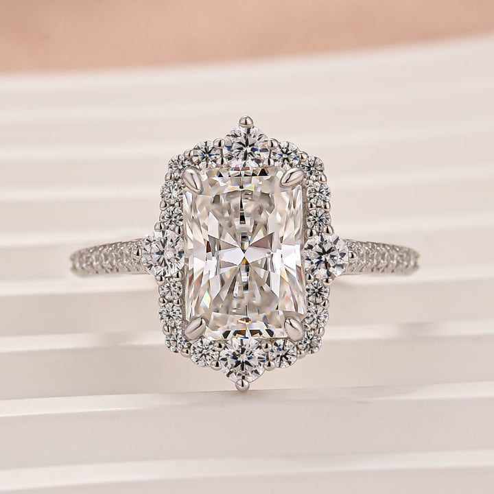 Moissanite 3.0Ct Radiant Cut Halo Vintage White Gold Engagement Anniversary Ring in Sterling Silver
