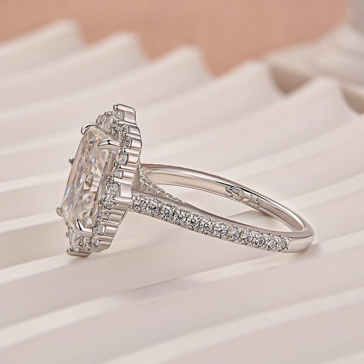 Moissanite 3.0Ct Radiant Cut Halo Vintage White Gold Engagement Anniversary Ring in Sterling Silver