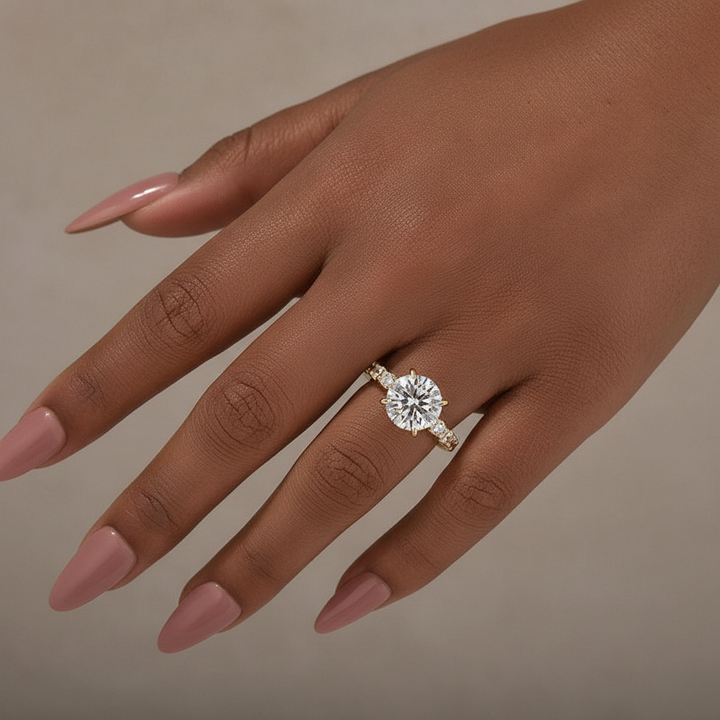 S925 sterling silver round moissanite engagement ring worn on hand