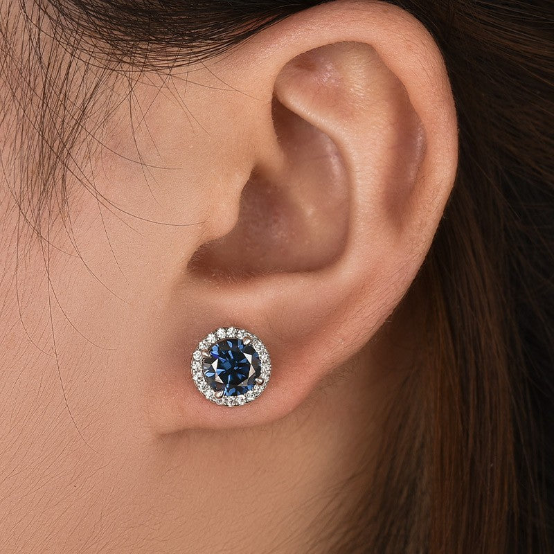 Moissanite 1.2Ct*2 Turquoise Halo Round Cut White Gold Stub Earrings