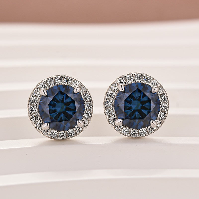 Moissanite 1.2Ct*2 Turquoise Halo Round Cut White Gold Stub Earrings
