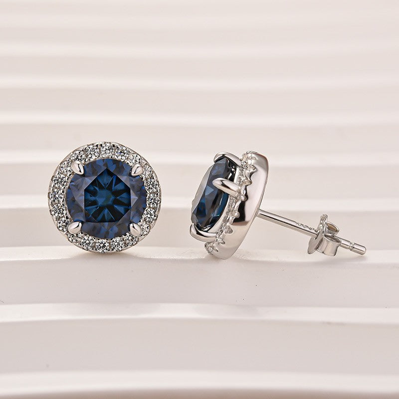 Moissanite 1.2Ct*2 Turquoise Halo Round Cut White Gold Stub Earrings