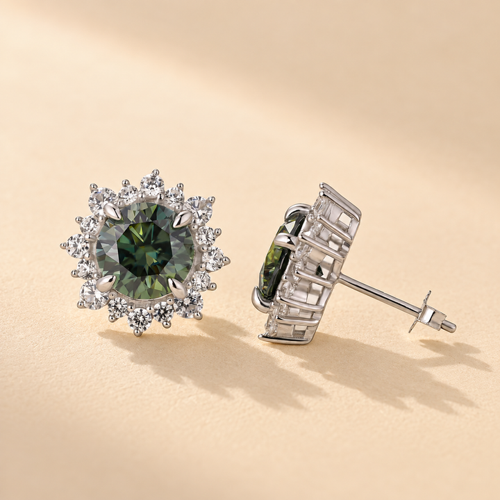 Moissanite 2.0Ct*2 Round Halo Green Stone Stud Earrings