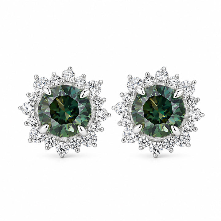 Moissanite 2.0Ct*2 Round Halo Green Stone Stud Earrings