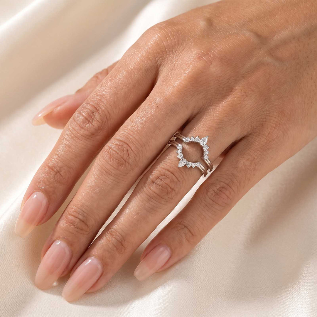 S925 Moissanite 0.75Ct Pear Cut & Round Cut Crown Open Wedding Band Stackable Enhancer Band
