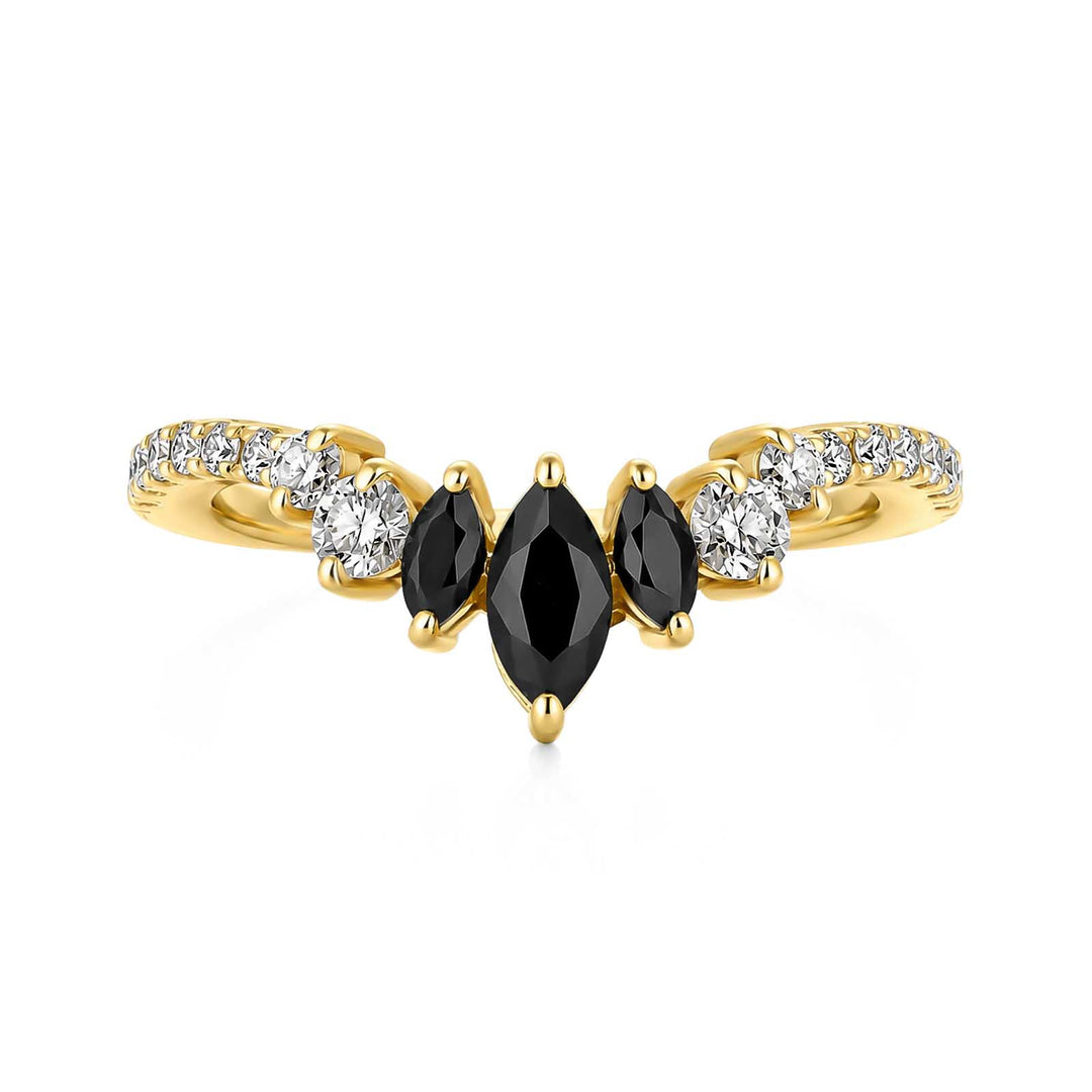 S925 Moissanite 0.7Ct V‑Shape Marquise Black Stone & White Side Stones Stackable Travel Ring For Women