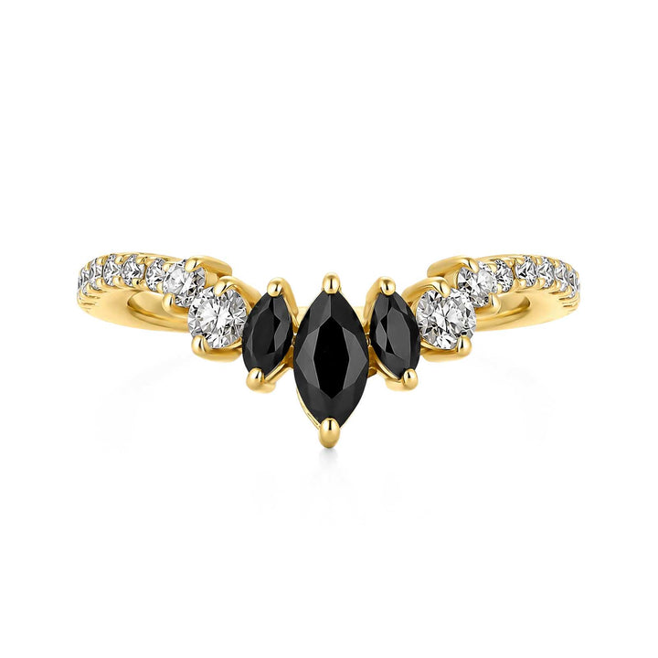 S925 Moissanite 0.7Ct V‑Shape Marquise Black Stone &amp; White Side Stones Stackable Travel Ring For Women