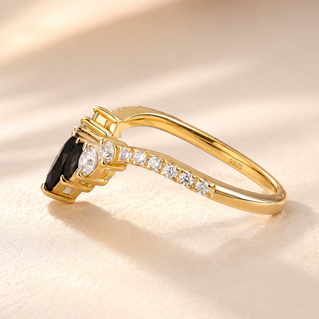 S925 Moissanite 0.7Ct V‑Shape Marquise Black Stone & White Side Stones Stackable Travel Ring For Women