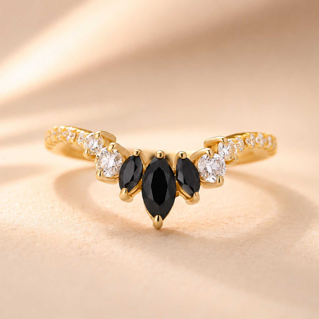 S925 Moissanite 0.7Ct V‑Shape Marquise Black Stone & White Side Stones Stackable Travel Ring For Women