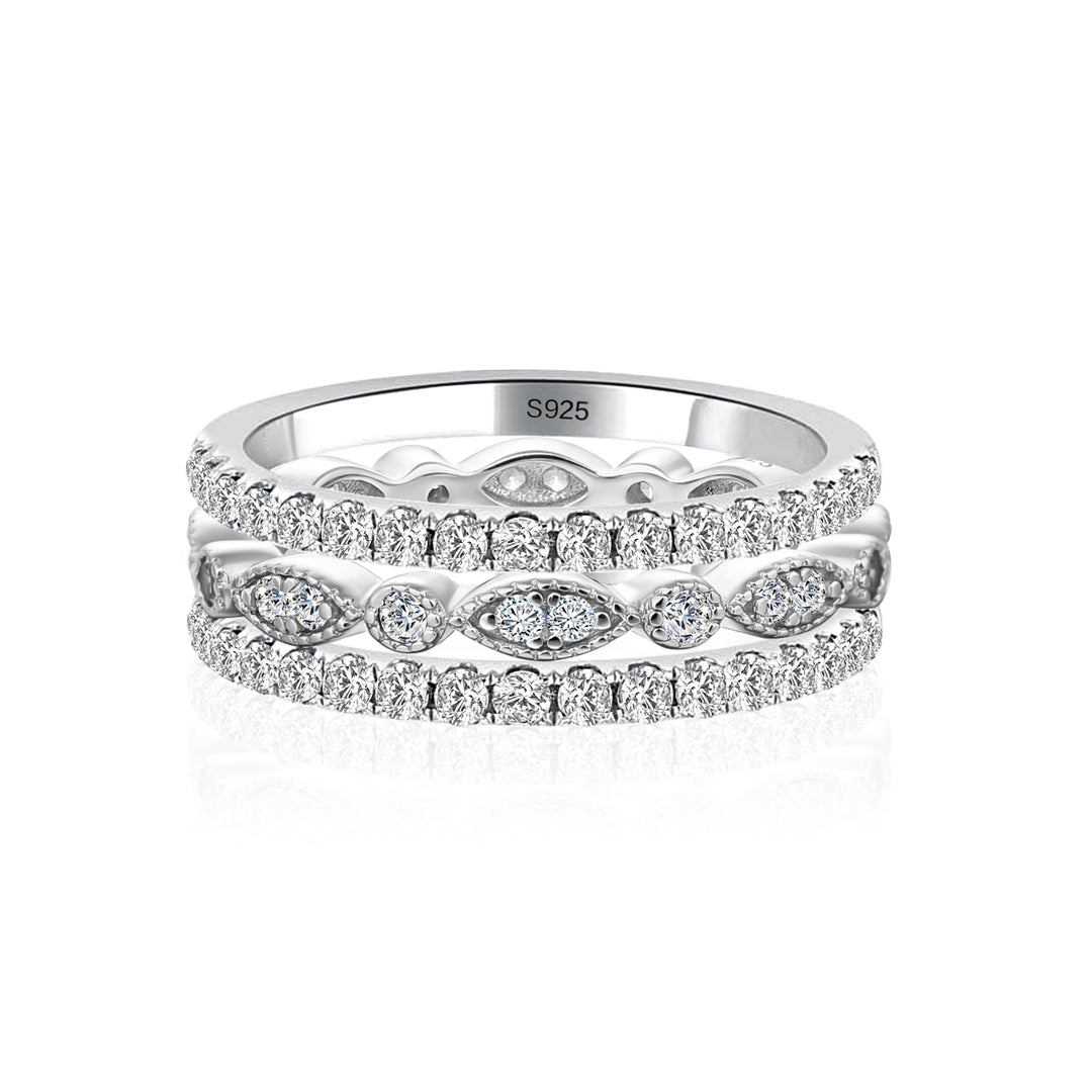 Eternity 3PCS Stacking Moissanite Wedding Band Set In White Gold Plated