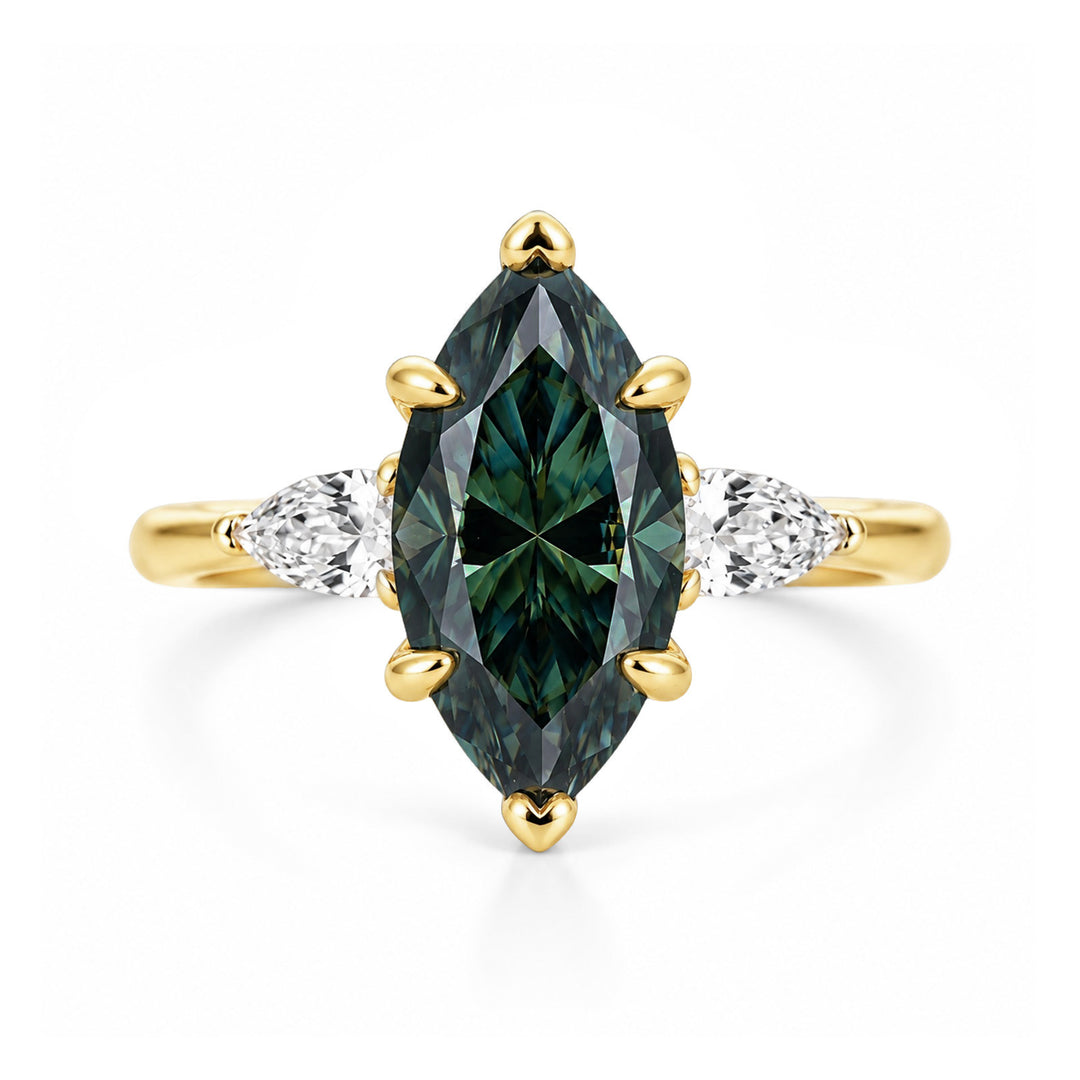 Three-Stone 3.0Ct Green Marquise Moissanite 18K Yellow Gold Plated Engagement Ring