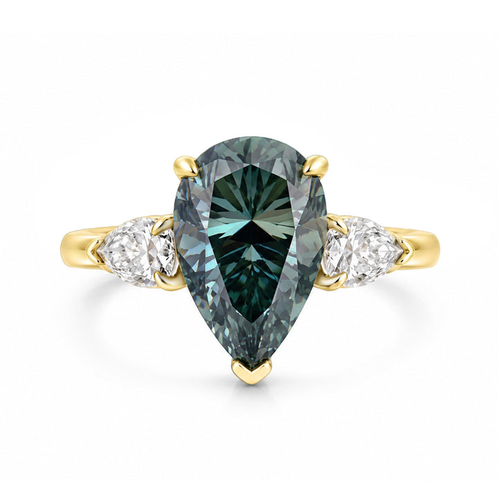 4.0Ct Green Pear Cut Moissanite Three-Stone Nature-Inspired Ring