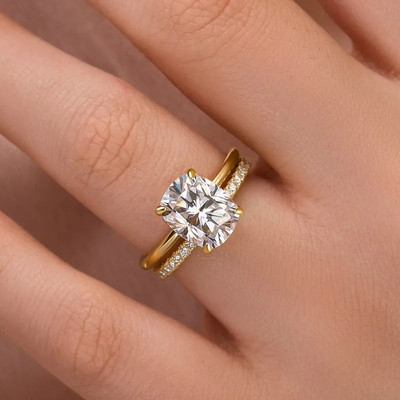 Moissanite 4.0 Ct Solitaire Cushion Cut Yellow Gold Wedding Ring Set