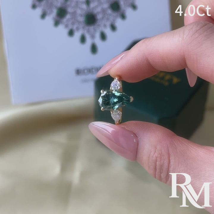 4.0Ct Green Pear Cut Moissanite Three-Stone Nature-Inspired Ring