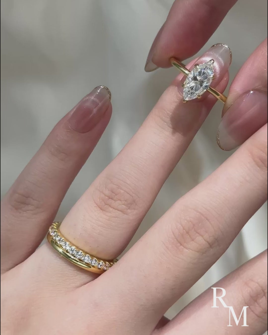Moissanite 2.0 Ct Marquise Cut Solitaire Yellow Gold Promise Ring with Half Round Cut Anniversary Ring