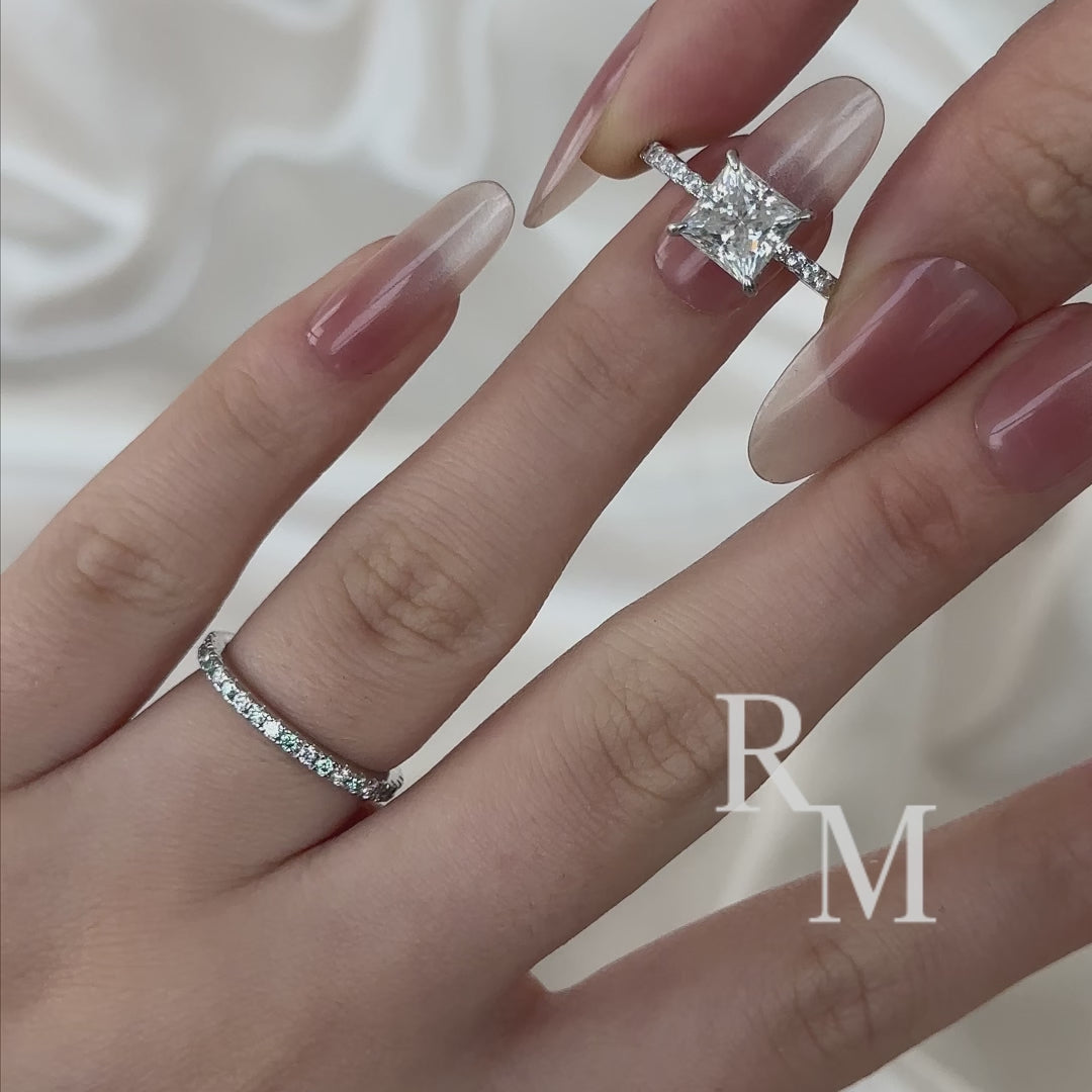 S925 Moissanite 2CT Princess Cut Engagement Ring Set 2PC Hidden Halo Solitaire Ring With Wedding Band