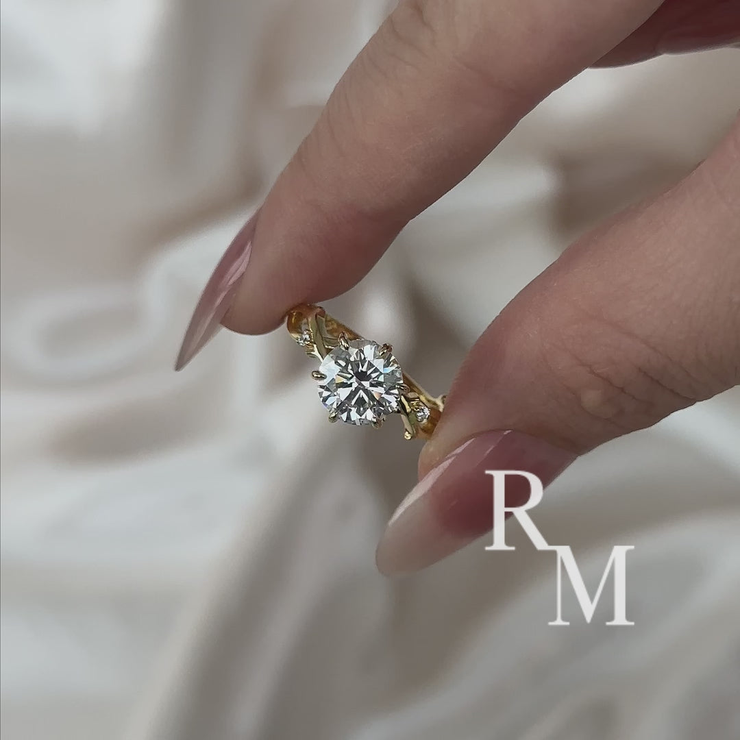 Moissanite 2.0 Ct Twig 6 Prong Round Cut Twist Yellow Gold Engagement Ring