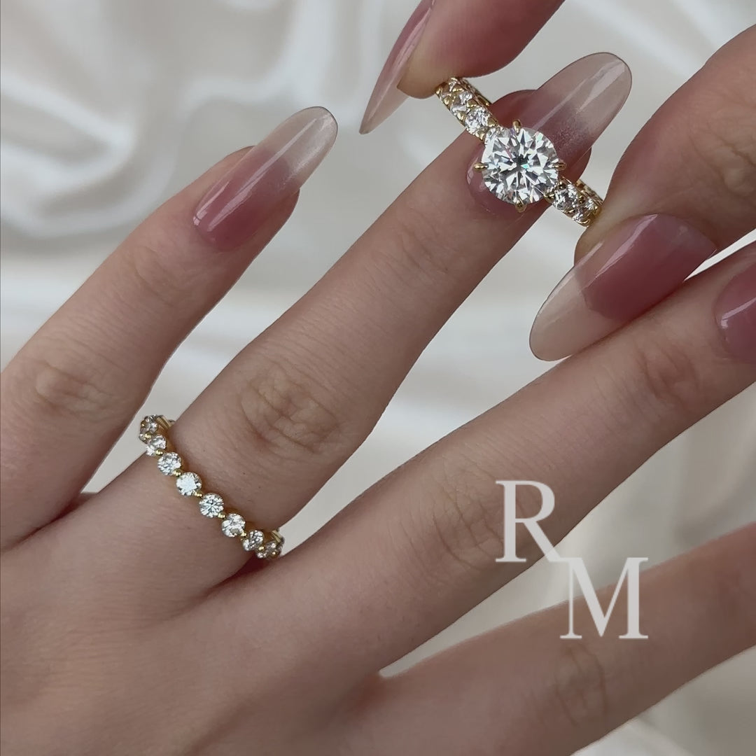 Moissanite 2.0Ct Side Stone Round Cut Yellow Gold Engagement Ring with 1.5Ct Round Cut Wedding Band