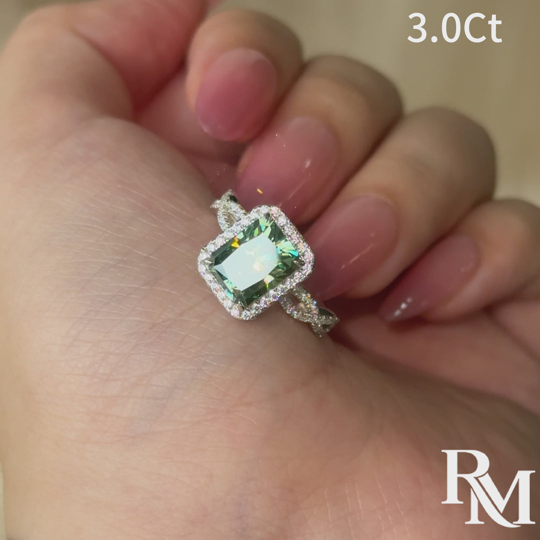 Moissanite 3.0Ct Green Radiant Sparkling Halo & Twist Band Engagement Ring
