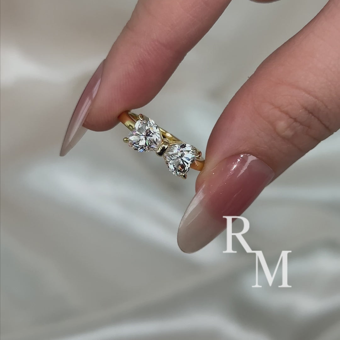 1.0Ct*2 Heart Cut Toi et Moi Yellow Gold Moissanite Engagement Ring in S925 Sterling Silver