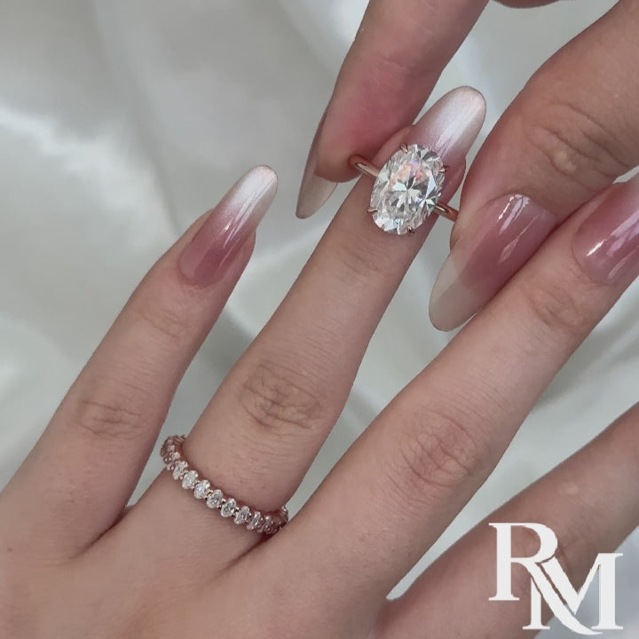 S925 Moissanite 5.5Ct Solitaire Oval Cut Rose Gold Engagement Ring with Eternity Oval Cut Ring