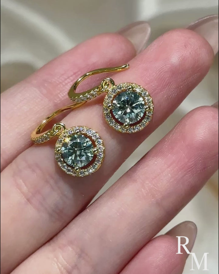 Moissanite 1.0Ct*2 Halo Green Round Cut Yellow Gold Drop Earrings In Sterling Silver