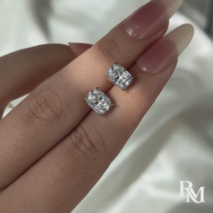 S925 Moissanite 2.0Ct*2 Cushion Cut Stud Earrings In Sterling Silver For Women Everyday Wear