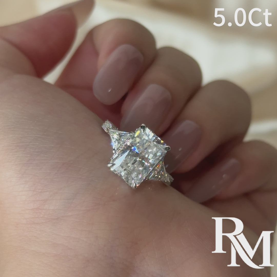 Three Stone 5.0Ct Radiant Cut Moissanite Hidden Halo Engagement Ring In Sterling Silver