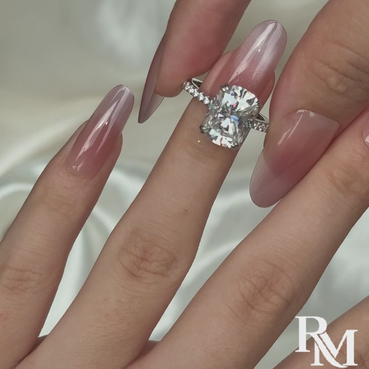 S925 Hidden Halo Moissanite 5.5 Cushion Cut Bold Self Radiance Half Pave Ring