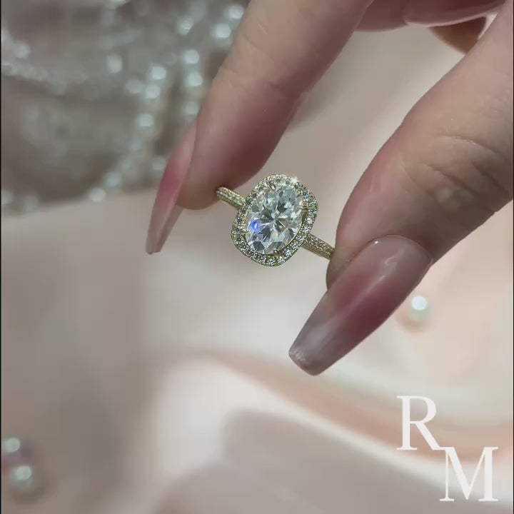 Rodiffy Moissanite 2.5 Ct Halo Oval Cut Yellow Gold Promise Ring