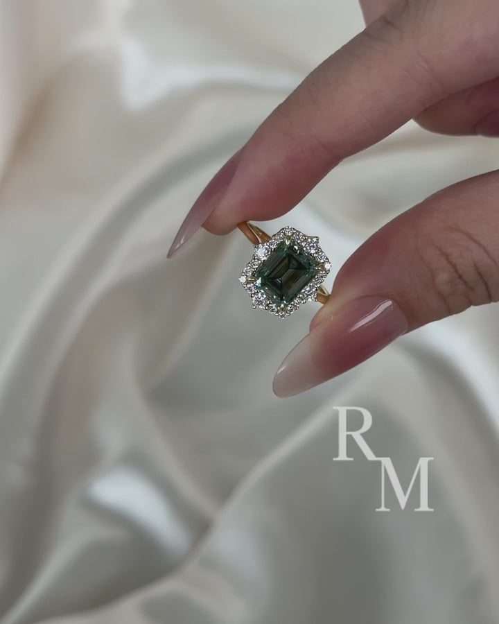 Moissanite 3.0Ct Halo Emerald Stone Emerald Cut Engagement Ring in Sterling Silver