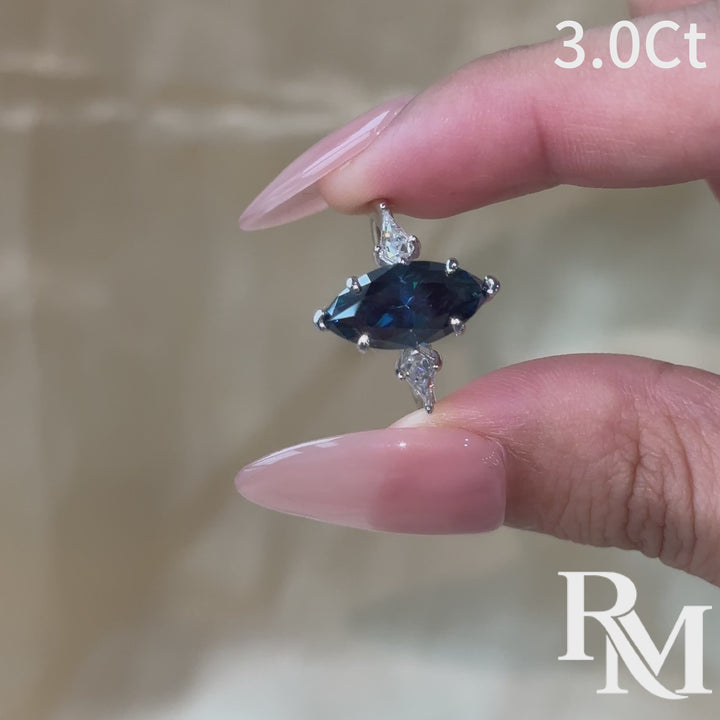Moissanite 3.0Ct Blue Marquise Cut Three-Stone Ring In Sterling Silver