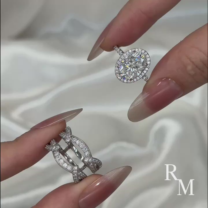 Moissanite 4.0Ct Halo Oval Cut White Gold Stack Wedding Ring with Enhancer Wedding Band