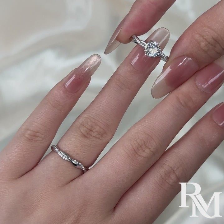 S925 Moissanite Twist 1.0Ct Round Cut 2PC Engagement Ring with 0.22Ct Round Cut Wedding Band