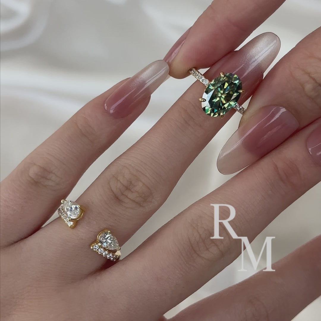 Moissanite 4.0Ct Marquise Cut /Oval Cut Yellow Gold Wedding Ring with Open Pear Cut Enhancer Ring