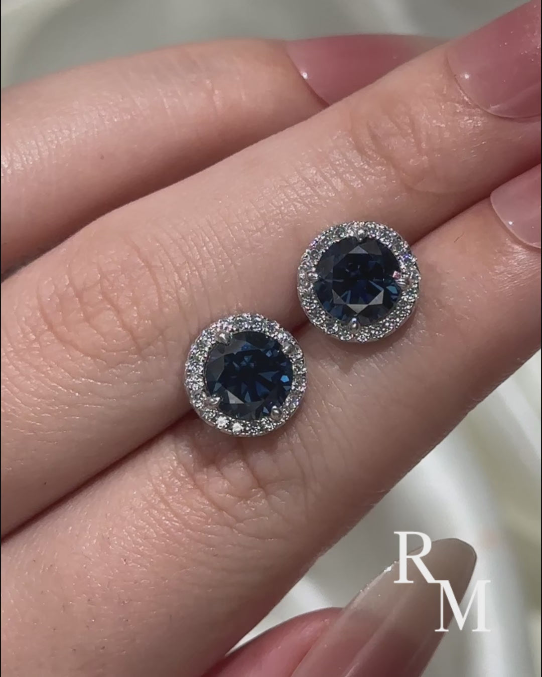 Moissanite 1.2Ct*2 Turquoise Halo Round Cut White Gold Stub Earrings