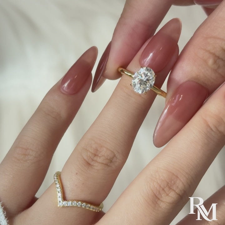 S925 Moissanite 2Ct Oval Cut Solitaire V Shape Pave Nest Two Piece 18K Yellow Gold Plated Bridal Ring Set