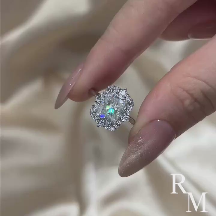 Rodiffy Moissanite 3.0Ct White Gold Halo Radiant Cut Engagement Ring
