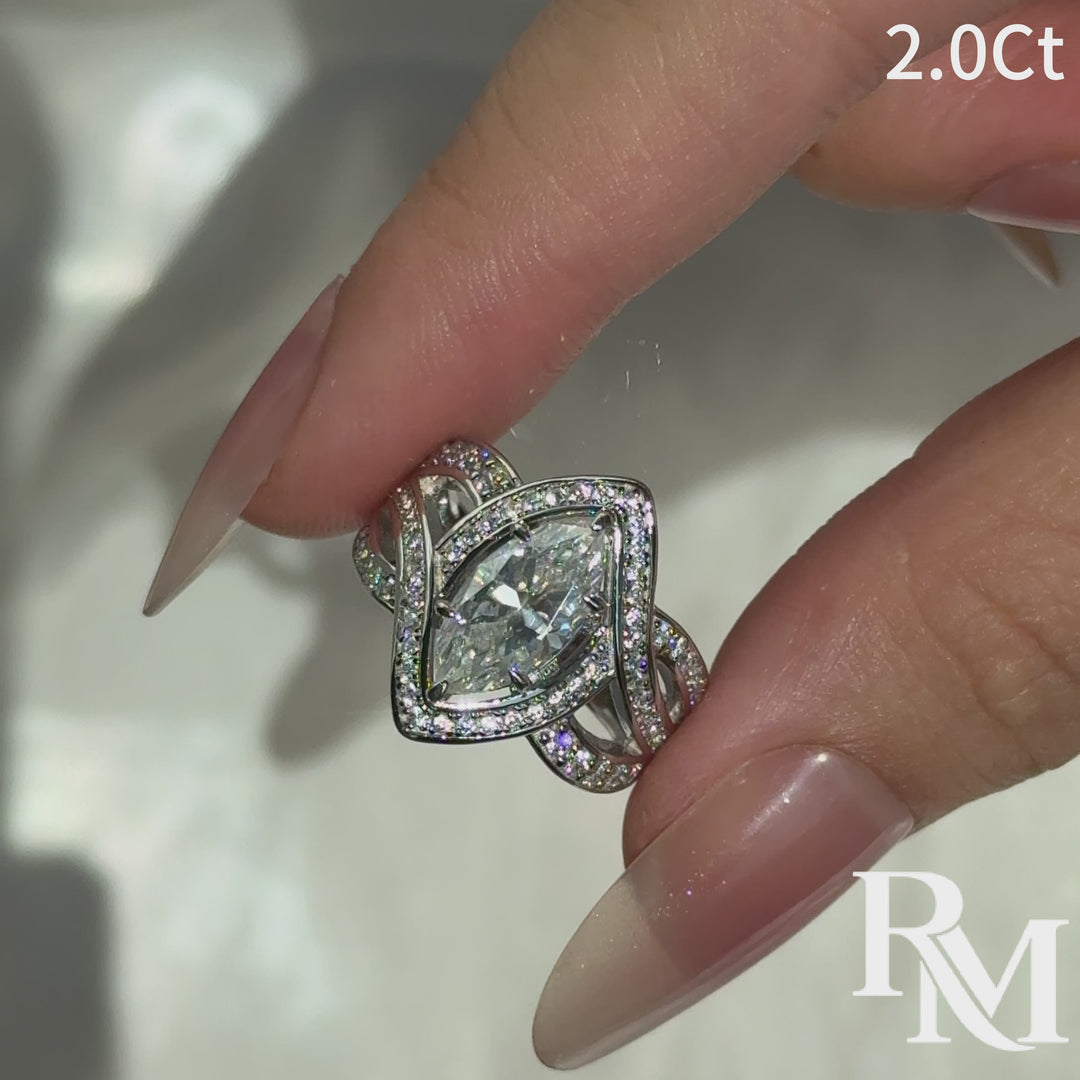 Moissanite 2.0Ct Marquise Vintage Halo Ring With Intertwined Split Band In Sterling Silver