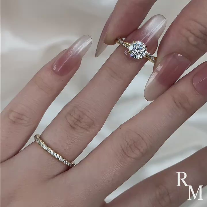Moissanite 1.2Ct/2.0 Ct Twist Round Cut Yellow Gold Pave Promise Bridal Ring With Wedding Band