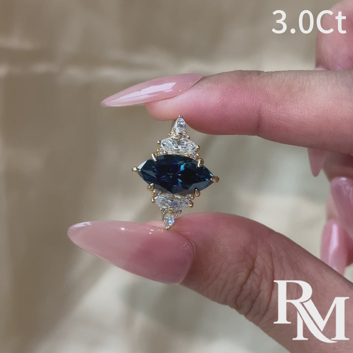 Moissanite 3.0Ct Blue Marquise Vintage Three-Stone Ring