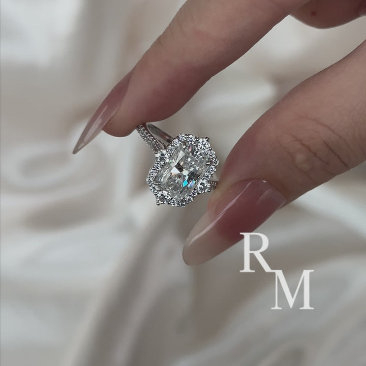 Moissanite 3.0Ct Radiant Cut Halo Vintage White Gold Engagement Anniversary Ring in Sterling Silver
