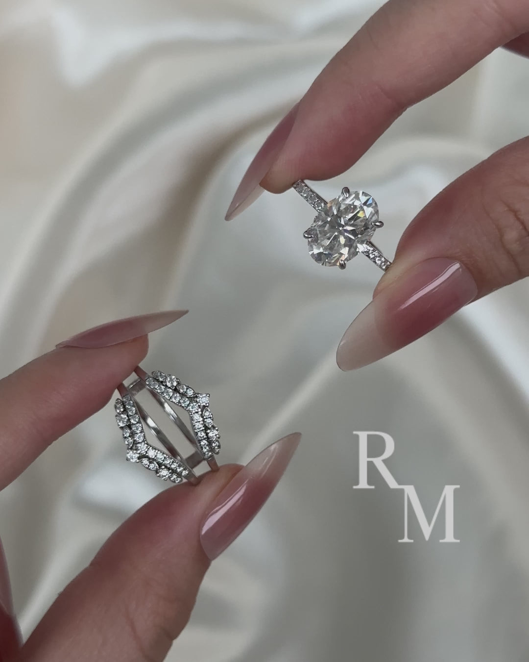 Moissanite 4.0Ct Oval Cut White Gold Stack Wedding Ring with Jacket Wedding Band